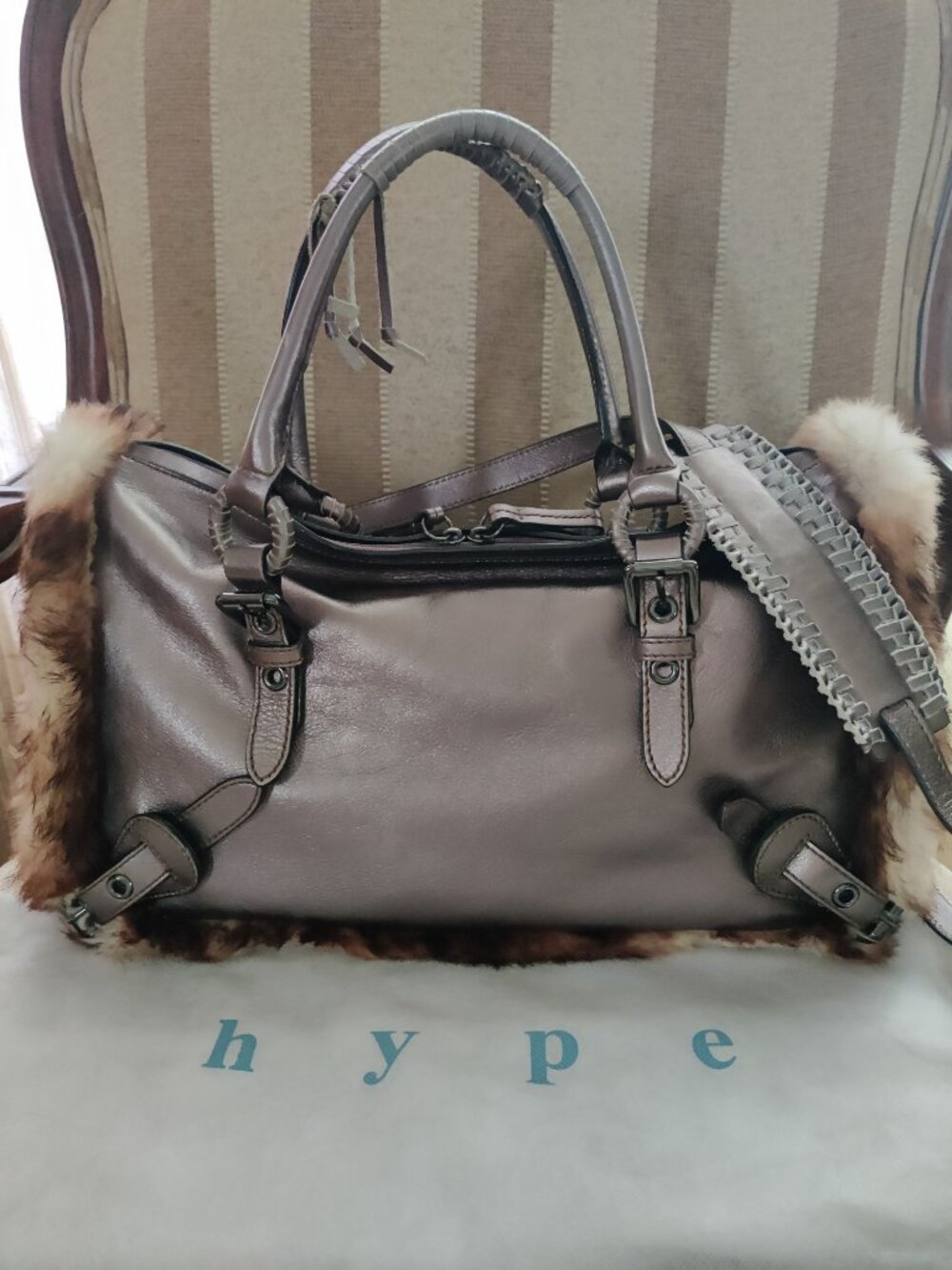 Hype Genuine Leather Rabbit Fur Metallic Bronze Satchel/Shoulder Bag